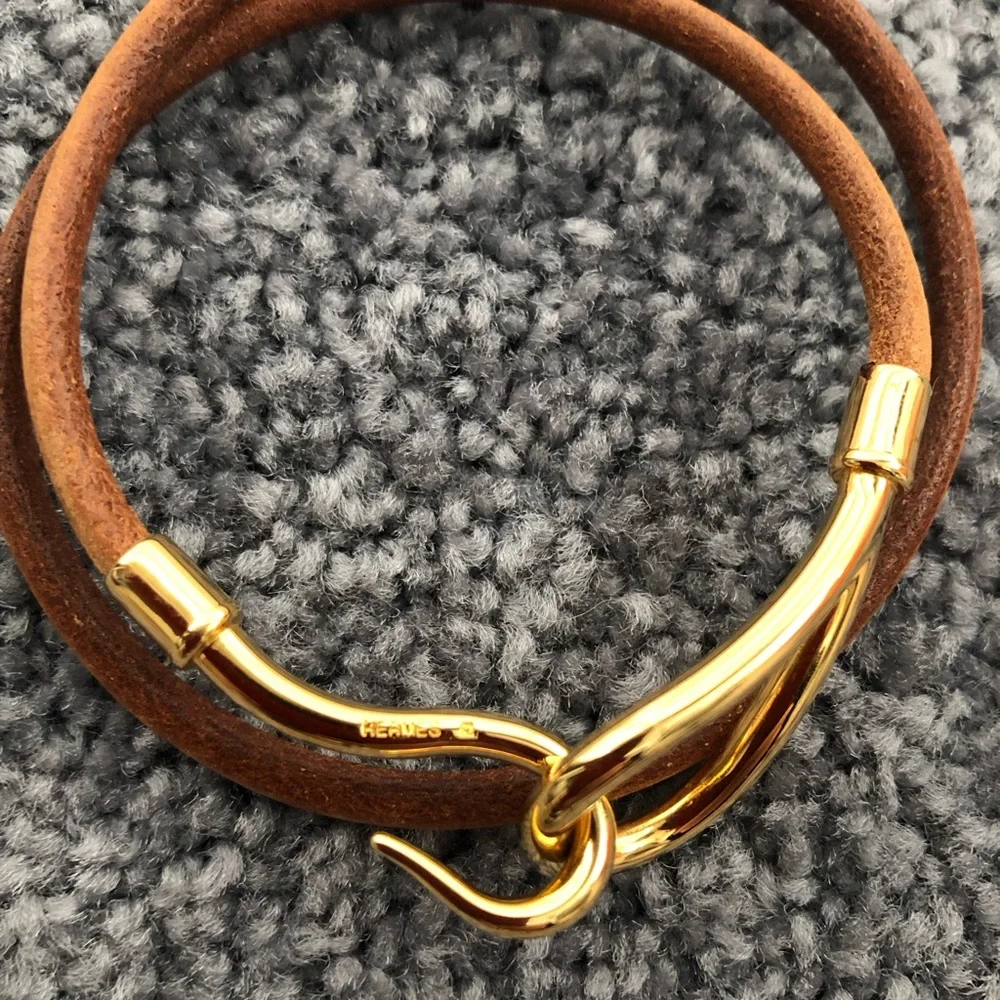 Hermes gold tone jumbo hook double tour leather wrap bracelet. Authentic - Picture 2 of 6